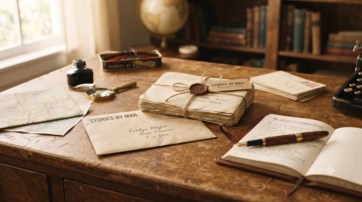 A styled desk scene with vintage stationery and books: a wax-sealed bundle of letters tied with string, an open notebook with a pen, maps, an ink bottle, and a globe in a warm, softly lit room.