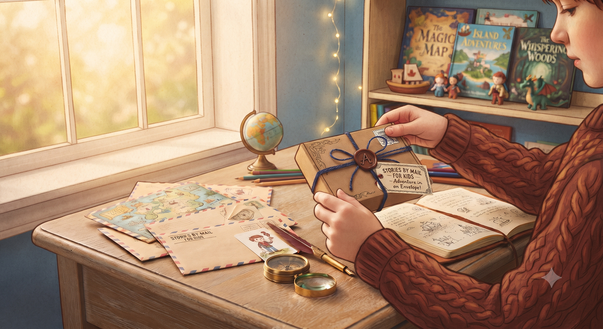 A child in a brown cable-knit sweater sits at a wooden desk by a window, holding a wrapped box tied with a blue ribbon. The desk has postcards, a small globe, and magnifying glasses, while a bookshelf in the background holds colorful books and small figurines.