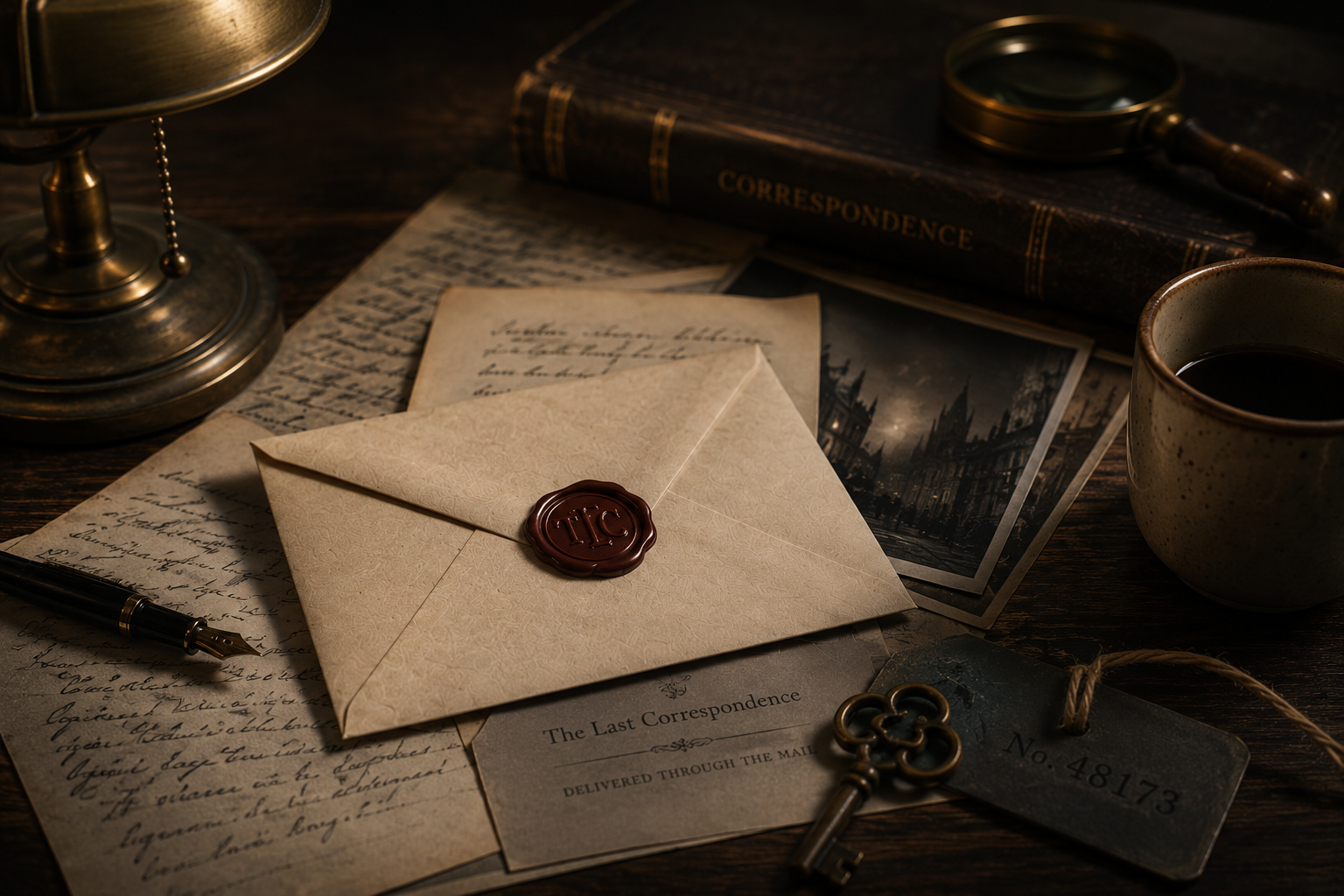 Vintage setting with a letter, envelope, and coffee cup on a wooden surface.